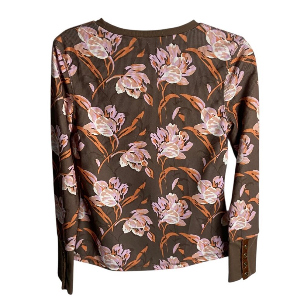 Vintage Inspired Floral Textured Waffle Knit Long Sleeve Top Casual Boho Brown - Picture 6 of 6